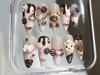 Cute Dessert Press On Nails | 3D Sweets And Bear Designs with Bow Fake Nails | 3D Chocolate, Candy Acrylic Nails | Kawaii Nails | HB549Y