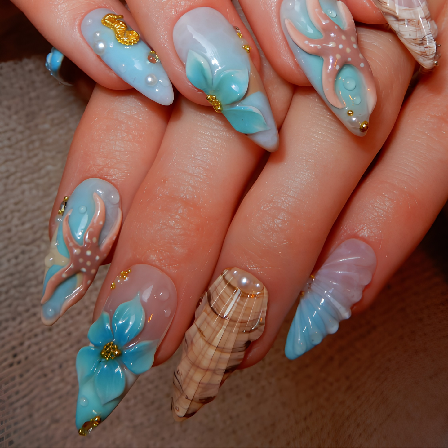 Summer Mermaid Press On Nails Long Almond • Beach Vacation Nails • 3D Seashell Starfish Ocean Fake Nails | OB4KL