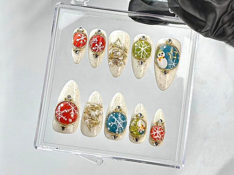 Festive Christmas Press On Nails | Holiday Charm Nail Art | Unique Snowman and Snowflake Acrylic Nails | Wonderland Nail Polish | HB629YV