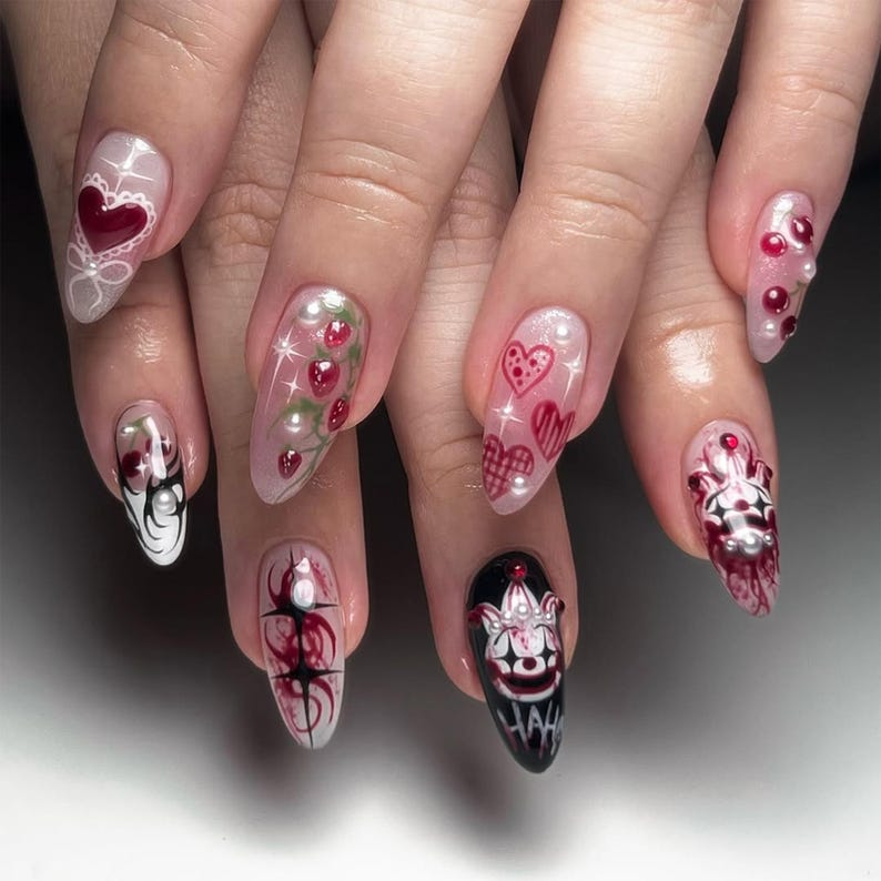 Strawberry Love Gothic Almond Nails | Bold Gothic & Sweet Flora Fake Nails | Artistic 3D Nail Art | Valentine’s Day Fake Nails | HB717YK