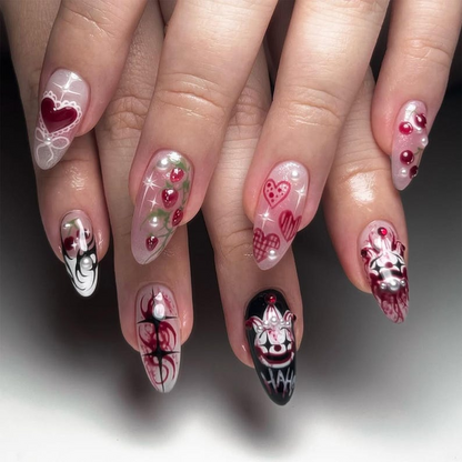 Strawberry Love Gothic Almond Nails | Bold Gothic & Sweet Flora Fake Nails | Artistic 3D Nail Art | Valentine’s Day Fake Nails | HB717YK