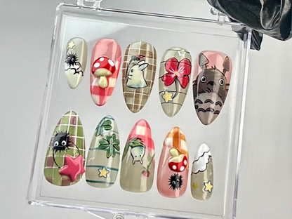 Studio Ghibli Inspired Almond Nails | Totoro & Nature Nail Art | Kawaii Ghibli Fake Nails | Studio Ghibli Theme False Nails | HB726YC