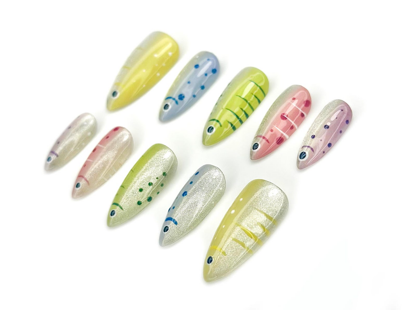 Shimmering Tropical Fish Press On Nails | Colorful Ocean-Inspired Nail Art | Silver Glitter Base with Vibrant Fish Details | HB1044EC