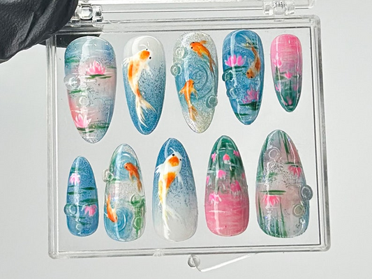 Ocean-Inspired Press On Nails | Hand-Painted Koi Fish Press On Nails | Floral Lotus Nail Art | Ocean Nails | Summer Press On nails | HB432TL