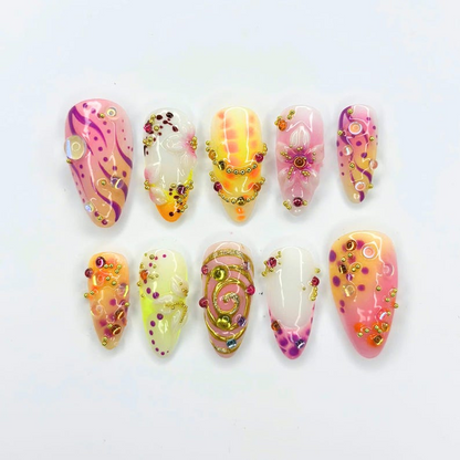 Abstract Press On Nails with 3D Gold Swirls | Aura Fake Nails with Crystal Charms | Handmade Maximalist Nail Art for Party | OB509UC