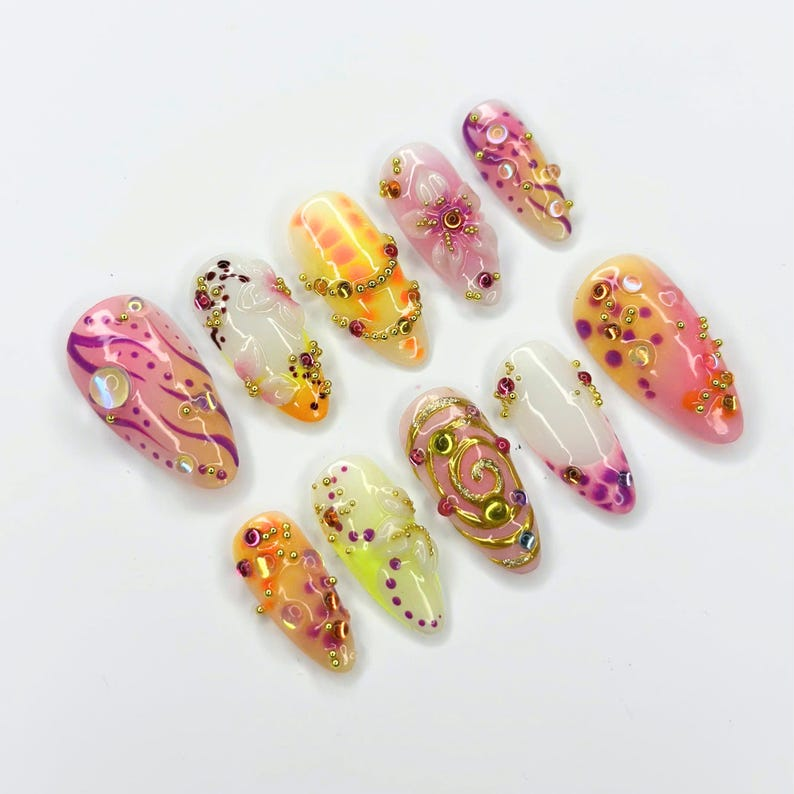 Abstract Press On Nails with 3D Gold Swirls | Aura Fake Nails with Crystal Charms | Handmade Maximalist Nail Art for Party | OB509UC