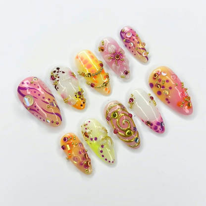 Abstract Press On Nails with 3D Gold Swirls | Aura Fake Nails with Crystal Charms | Handmade Maximalist Nail Art for Party | OB509UC