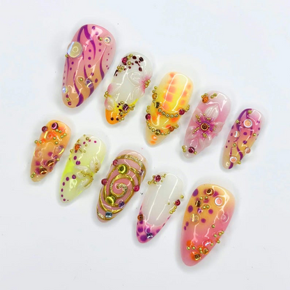 Abstract Press On Nails with 3D Gold Swirls | Aura Fake Nails with Crystal Charms | Handmade Maximalist Nail Art for Party | OB509UC