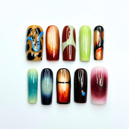 Abstract Press On Nails with Aura Gradient | Retro Mismatched Fake Nails in Long Square | Handmade Statement Nail Art for Party | OB511UC