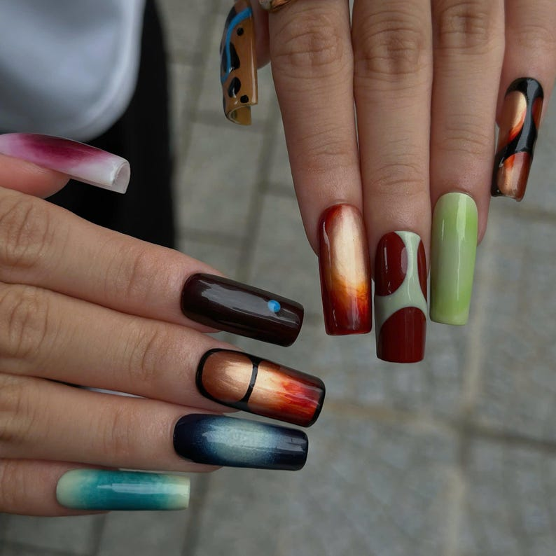 Abstract Press On Nails with Aura Gradient | Retro Mismatched Fake Nails in Long Square | Handmade Statement Nail Art for Party | OB511UC