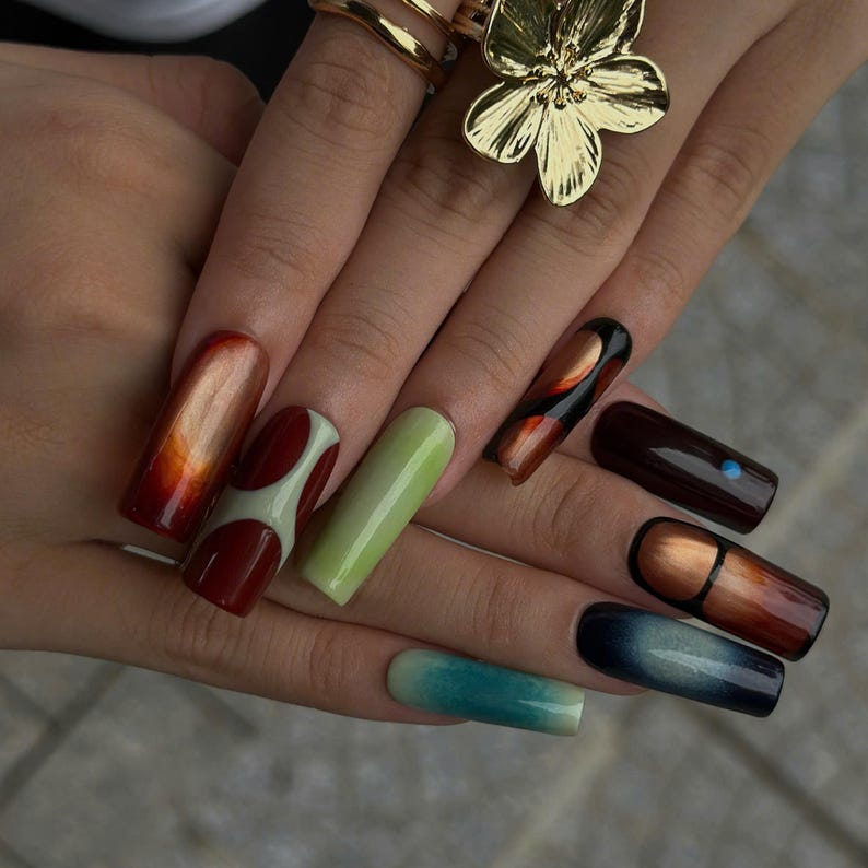 Abstract Press On Nails with Aura Gradient | Retro Mismatched Fake Nails in Long Square | Handmade Statement Nail Art for Party | OB511UC