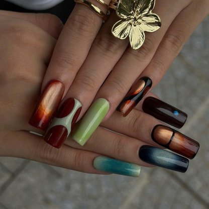 Abstract Press On Nails with Aura Gradient | Retro Mismatched Fake Nails in Long Square | Handmade Statement Nail Art for Party | OB511UC