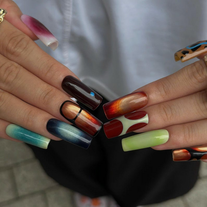 Abstract Press On Nails with Aura Gradient | Retro Mismatched Fake Nails in Long Square | Handmade Statement Nail Art for Party | OB511UC
