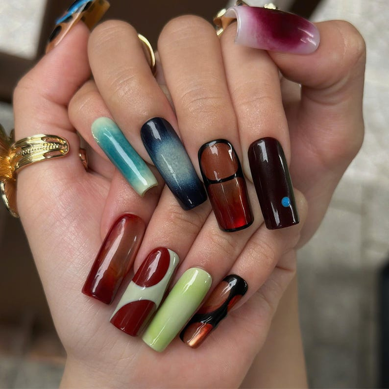 Abstract Press On Nails with Aura Gradient | Retro Mismatched Fake Nails in Long Square | Handmade Statement Nail Art for Party | OB511UC