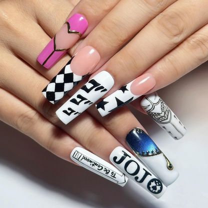Anime Manga Inspired Press On Nails, Black White Graphic Nails, Hand Painted Comic Style Nails, Statement Nail Set | OB458UG