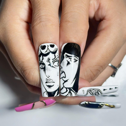 Anime Manga Inspired Press On Nails, Black White Graphic Nails, Hand Painted Comic Style Nails, Statement Nail Set | OB458UG