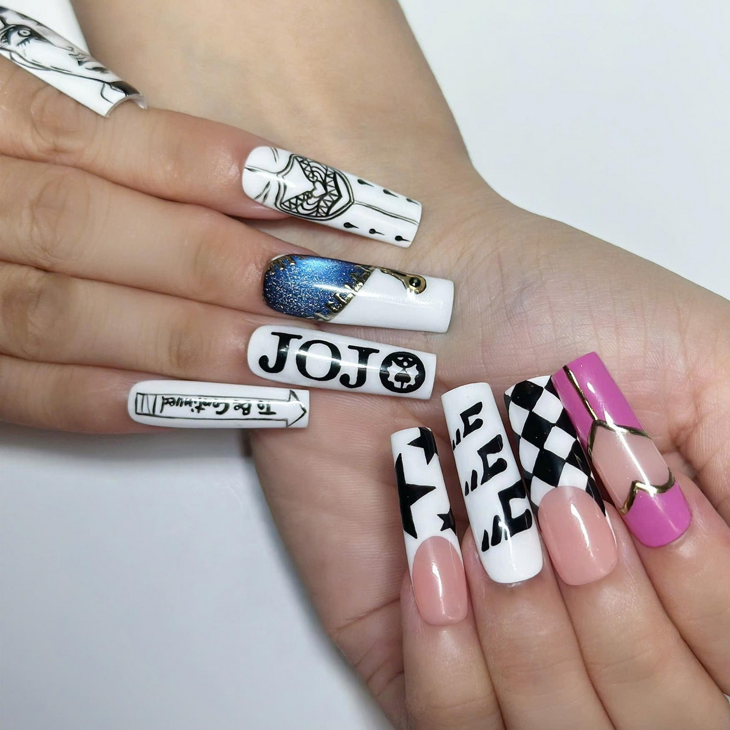 Anime Manga Inspired Press On Nails, Black White Graphic Nails, Hand Painted Comic Style Nails, Statement Nail Set | OB458UG
