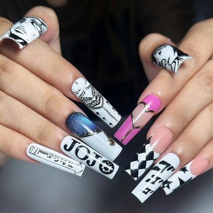 Anime Manga Inspired Press On Nails, Black White Graphic Nails, Hand Painted Comic Style Nails, Statement Nail Set | OB458UG