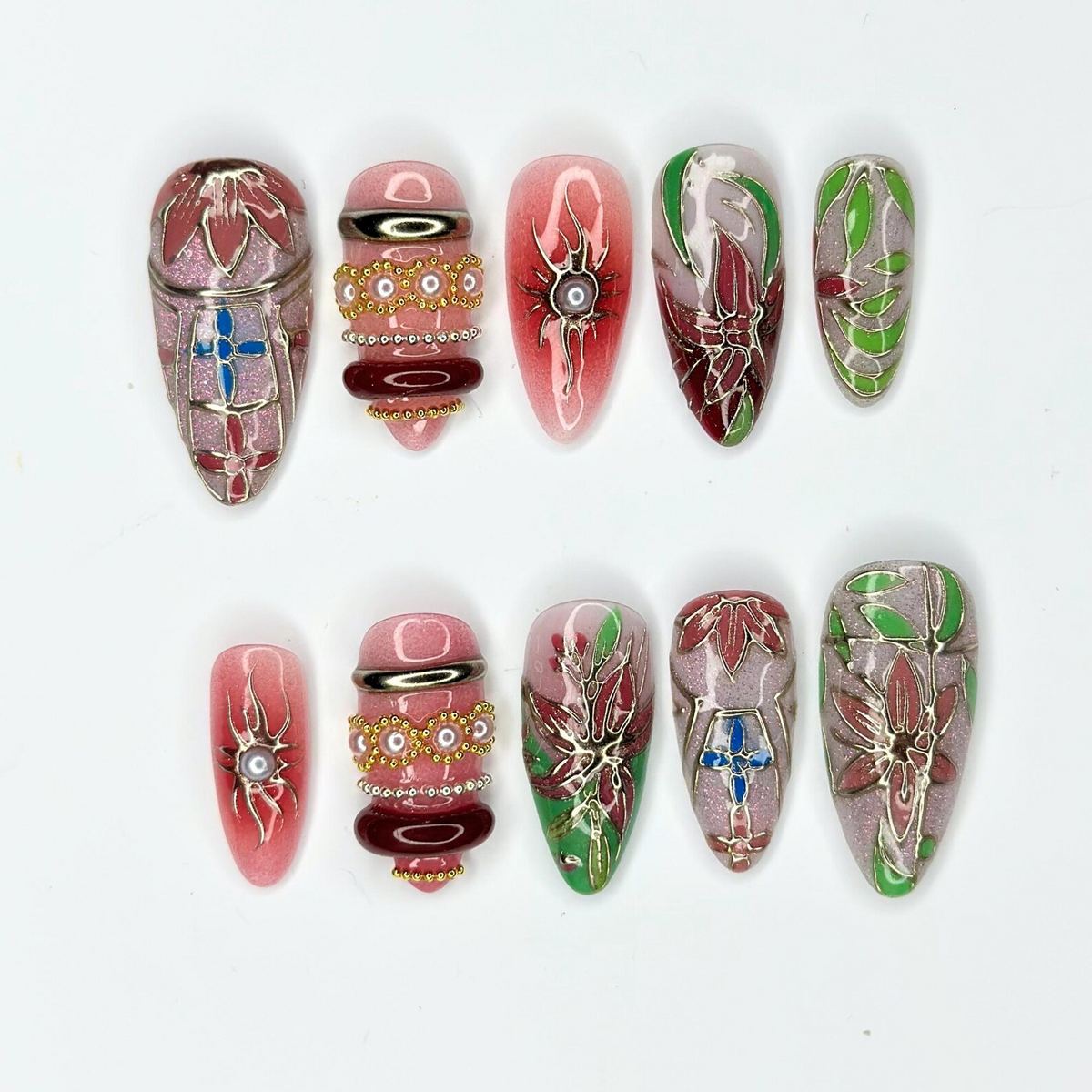 Art Nouveau Press On Nails with Stained Glass Design | Silver Gold Floral Nail Art | 3D Vintage Statement Nails | OB532UC