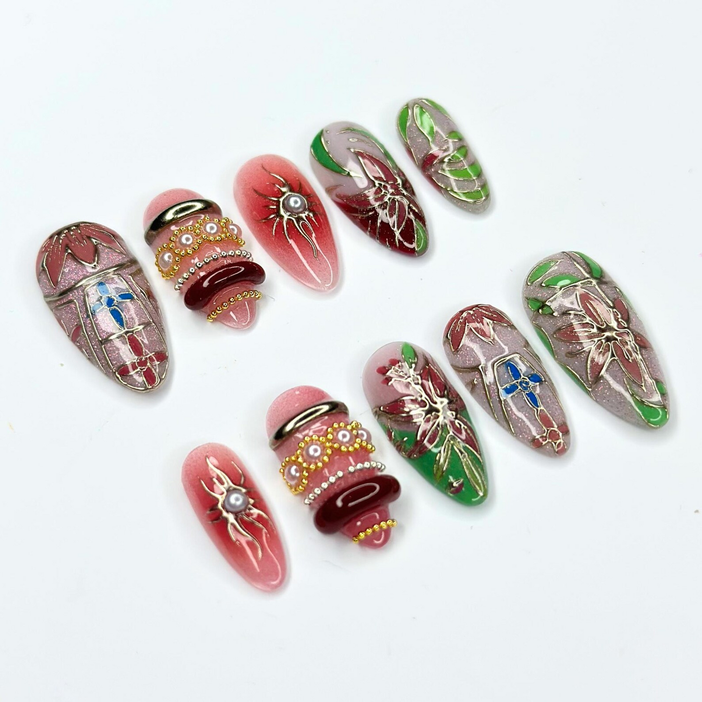Art Nouveau Press On Nails with Stained Glass Design | Silver Gold Floral Nail Art | 3D Vintage Statement Nails | OB532UC