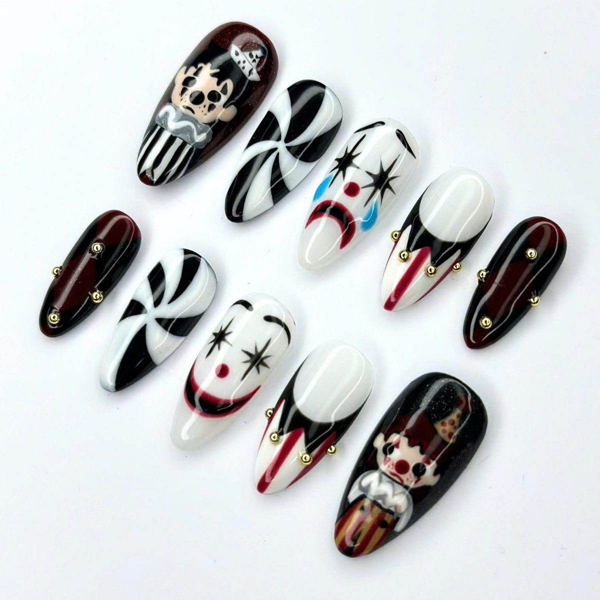Artistic Clown Press On Nails | Creepy Circus Nail Art | Black White Red Jester Nails | Dark Carnival Handmade Press Ons | OC686UC