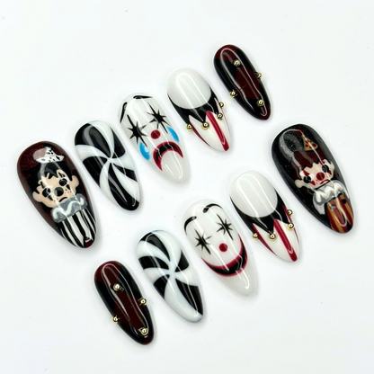 Artistic Clown Press On Nails | Creepy Circus Nail Art | Black White Red Jester Nails | Dark Carnival Handmade Press Ons | OC686UC