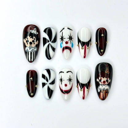 Artistic Clown Press On Nails | Creepy Circus Nail Art | Black White Red Jester Nails | Dark Carnival Handmade Press Ons | OC686UC