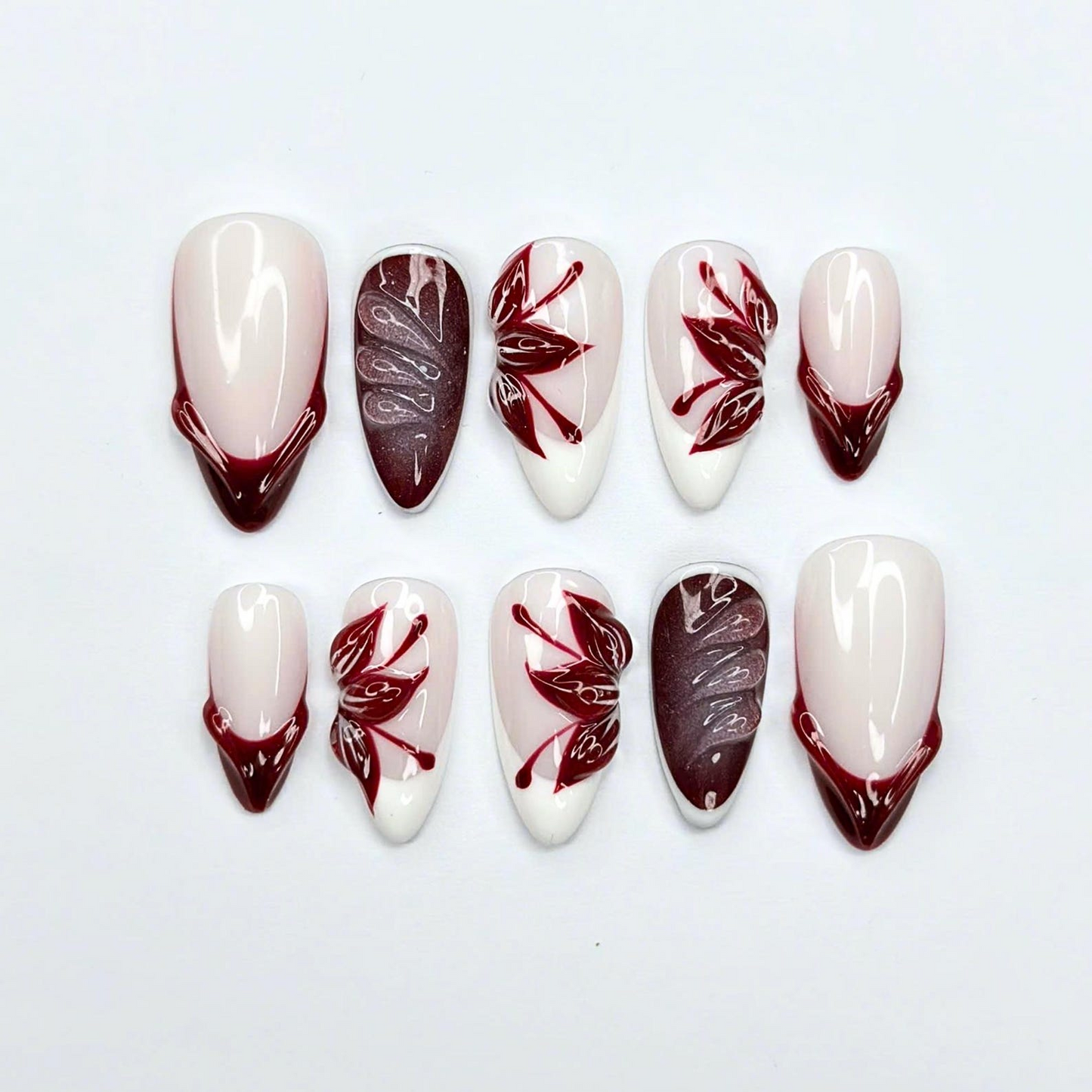 Autumn Press On Nails with Burgundy Leaf Design | Glossy Nude Fall Fake Nails in Almond Shape | Handmade Nail Art for Thanksgiving | OC463UC