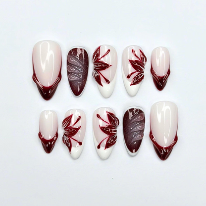 Autumn Press On Nails with Burgundy Leaf Design | Glossy Nude Fall Fake Nails in Almond Shape | Handmade Nail Art for Thanksgiving | OC463UC