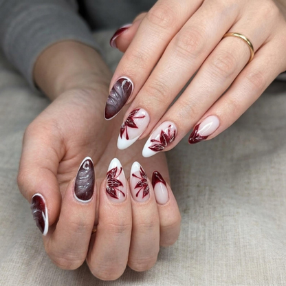 Autumn Press On Nails with Burgundy Leaf Design | Glossy Nude Fall Fake Nails in Almond Shape | Handmade Nail Art for Thanksgiving | OC463UC