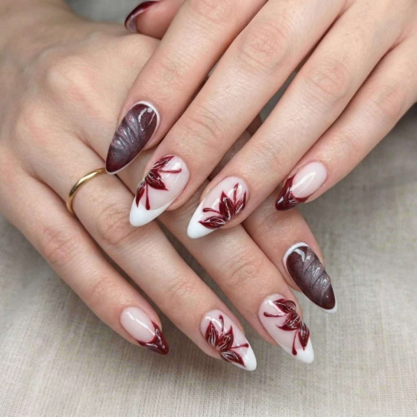 Autumn Press On Nails with Burgundy Leaf Design | Glossy Nude Fall Fake Nails in Almond Shape | Handmade Nail Art for Thanksgiving | OC463UC