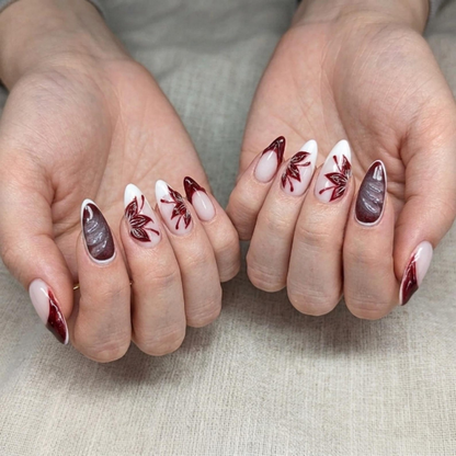 Autumn Press On Nails with Burgundy Leaf Design | Glossy Nude Fall Fake Nails in Almond Shape | Handmade Nail Art for Thanksgiving | OC463UC