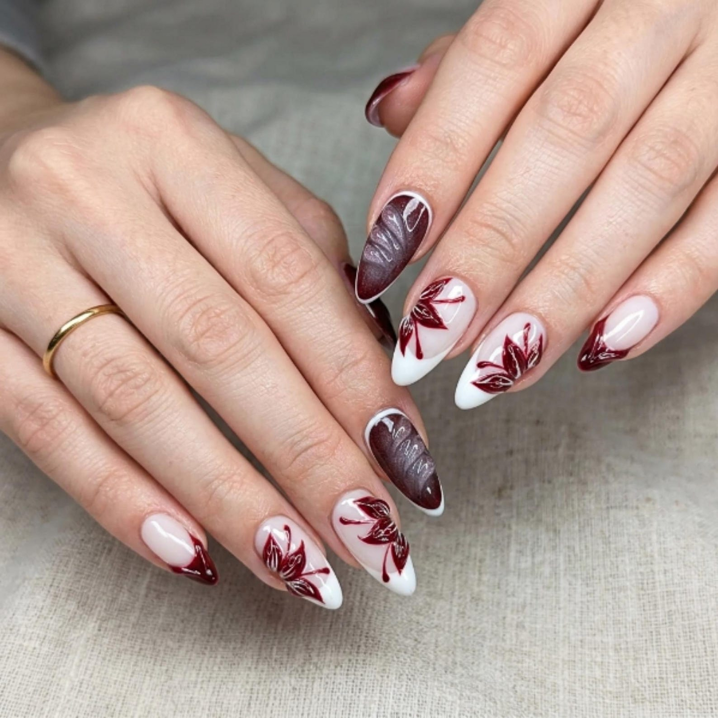Autumn Press On Nails with Burgundy Leaf Design | Glossy Nude Fall Fake Nails in Almond Shape | Handmade Nail Art for Thanksgiving | OC463UC