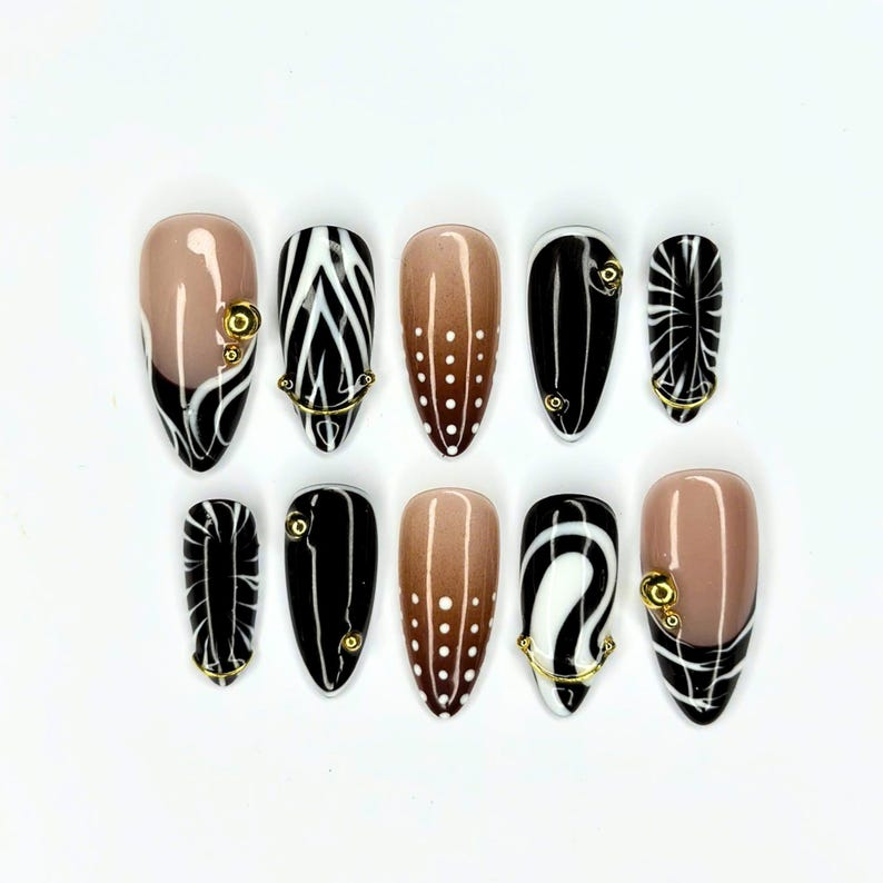 Autumn Press On Nails with Gold Accents | Brown Black Abstract Almond Nails | Elegant Swirl Nail Art for Fall Outfit | OB489UC