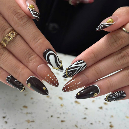 Autumn Press On Nails with Gold Accents | Brown Black Abstract Almond Nails | Elegant Swirl Nail Art for Fall Outfit | OB489UC