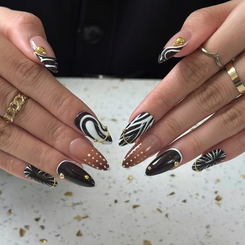 Autumn Press On Nails with Gold Accents | Brown Black Abstract Almond Nails | Elegant Swirl Nail Art for Fall Outfit | OB489UC