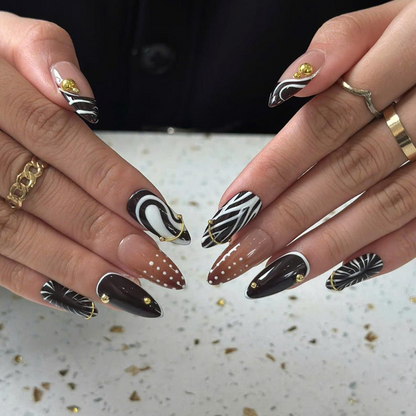 Autumn Press On Nails with Gold Accents | Brown Black Abstract Almond Nails | Elegant Swirl Nail Art for Fall Outfit | OB489UC