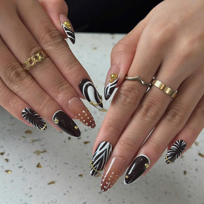 Autumn Press On Nails with Gold Accents | Brown Black Abstract Almond Nails | Elegant Swirl Nail Art for Fall Outfit | OB489UC