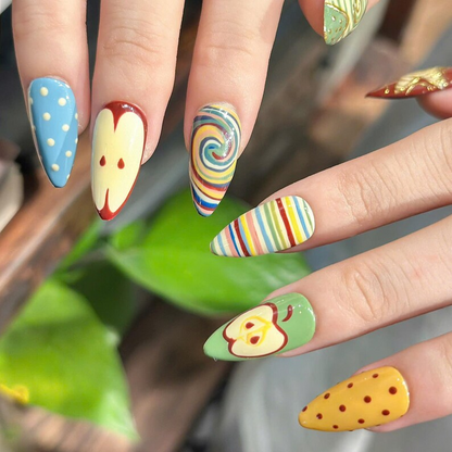Autumn Press On Nails with Retro Apple & Plaid , Handmade Vintage Fake Nails in Almond Shape , Cute Fall Nail Art for Everyday | OB473UC