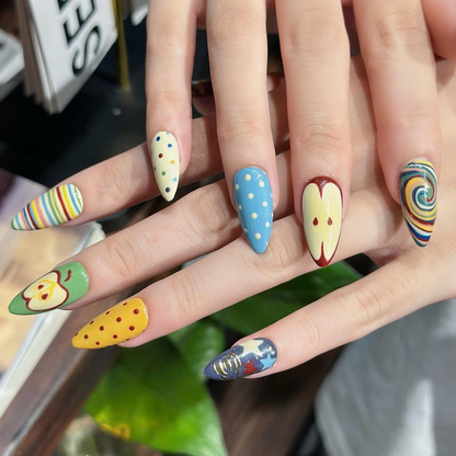 Autumn Press On Nails with Retro Apple & Plaid , Handmade Vintage Fake Nails in Almond Shape , Cute Fall Nail Art for Everyday | OB473UC