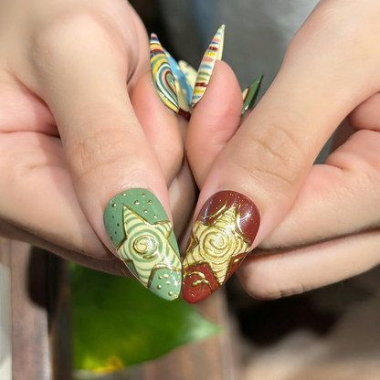 Autumn Press On Nails with Retro Apple & Plaid , Handmade Vintage Fake Nails in Almond Shape , Cute Fall Nail Art for Everyday | OB473UC