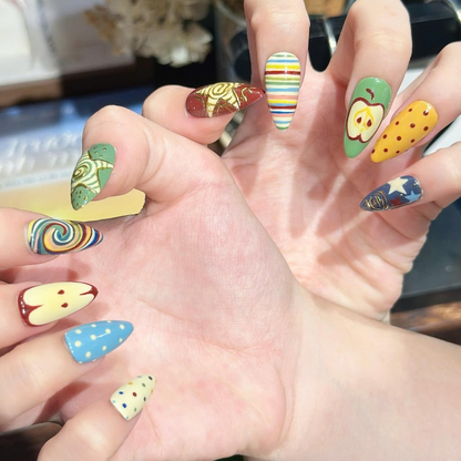 Autumn Press On Nails with Retro Apple & Plaid , Handmade Vintage Fake Nails in Almond Shape , Cute Fall Nail Art for Everyday | OB473UC