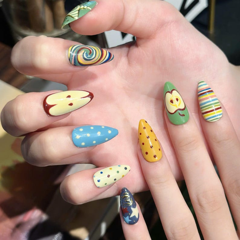 Autumn Press On Nails with Retro Apple & Plaid , Handmade Vintage Fake Nails in Almond Shape , Cute Fall Nail Art for Everyday | OB473UC