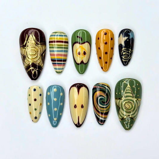 Autumn Press On Nails with Retro Apple & Plaid , Handmade Vintage Fake Nails in Almond Shape , Cute Fall Nail Art for Everyday | OB473UC