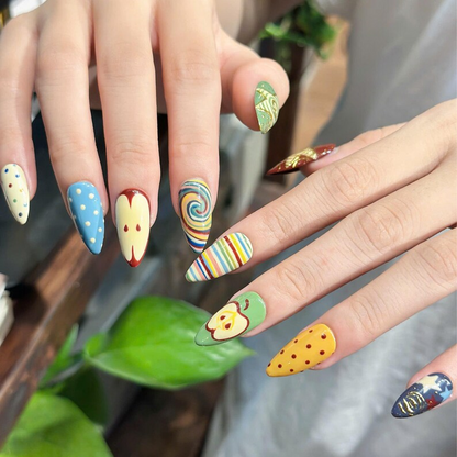 Autumn Press On Nails with Retro Apple & Plaid , Handmade Vintage Fake Nails in Almond Shape , Cute Fall Nail Art for Everyday | OB473UC
