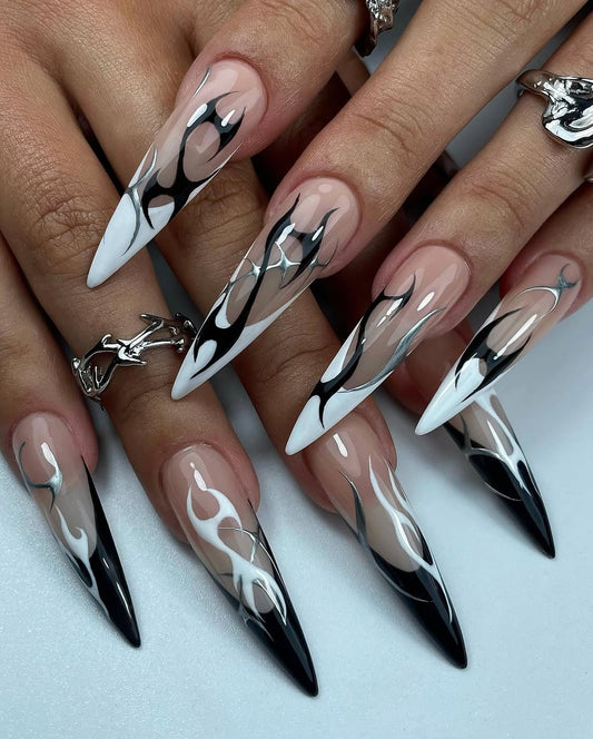 Cyberpunk Press On Nails by jnvdnailz | Gothic Stiletto Nails | Liquid Chrome Silver and Black Flame Nails | Y2K Grunge Fake Nails | OB01J