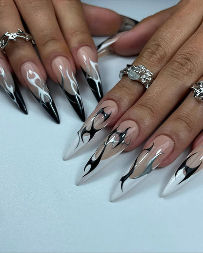 Cyberpunk Press On Nails by jnvdnailz | Gothic Stiletto Nails | Liquid Chrome Silver and Black Flame Nails | Y2K Grunge Fake Nails | OB01J