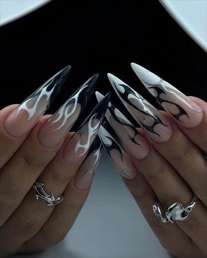 Cyberpunk Press On Nails by jnvdnailz | Gothic Stiletto Nails | Liquid Chrome Silver and Black Flame Nails | Y2K Grunge Fake Nails | OB01J