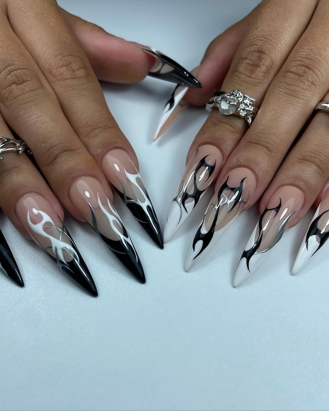 Cyberpunk Press On Nails by jnvdnailz | Gothic Stiletto Nails | Liquid Chrome Silver and Black Flame Nails | Y2K Grunge Fake Nails | OB01J