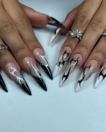 Cyberpunk Press On Nails by jnvdnailz | Gothic Stiletto Nails | Liquid Chrome Silver and Black Flame Nails | Y2K Grunge Fake Nails | OB01J